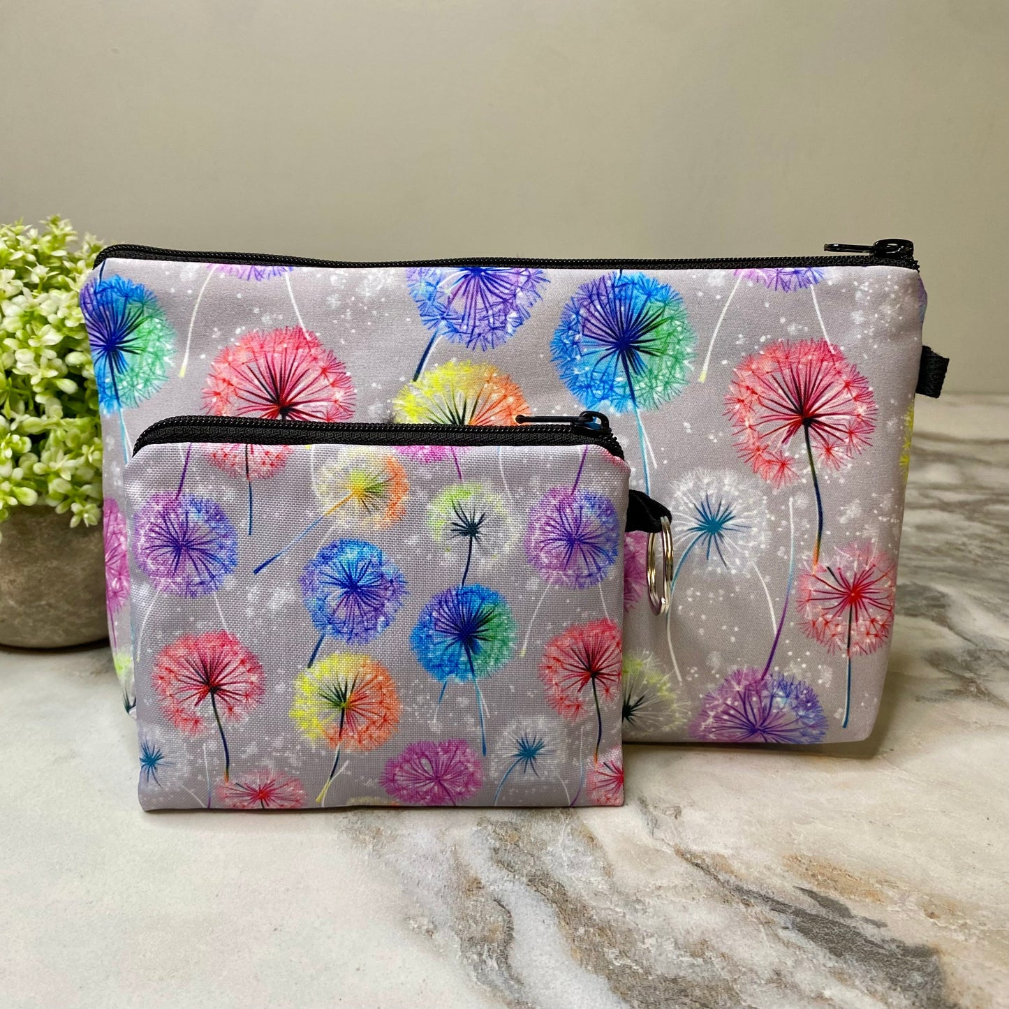 Pouch & Mini Pouch Bundled Set - Rainbow Dandelion on Grey