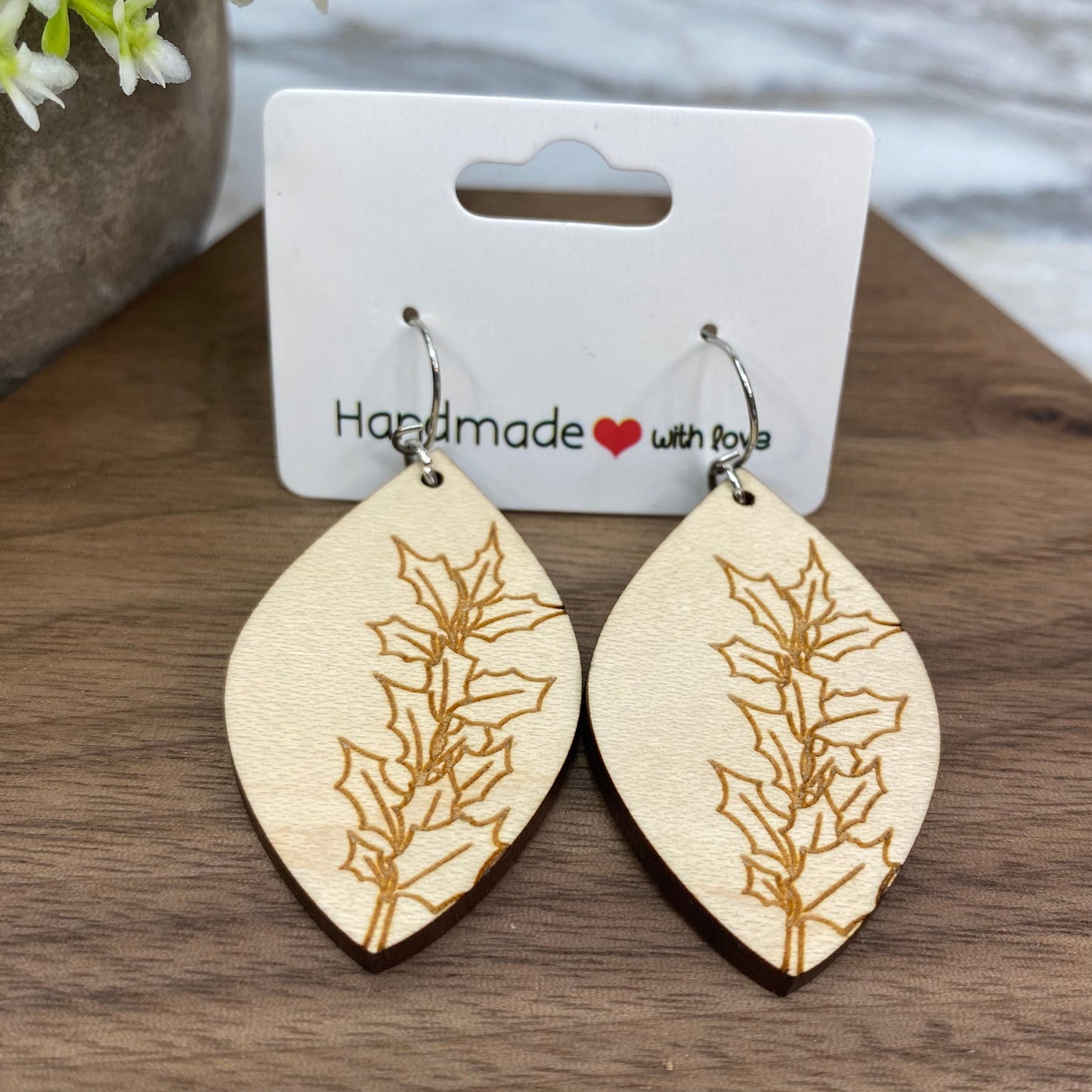 Wooden Dangle Earrings - Plant Leaves