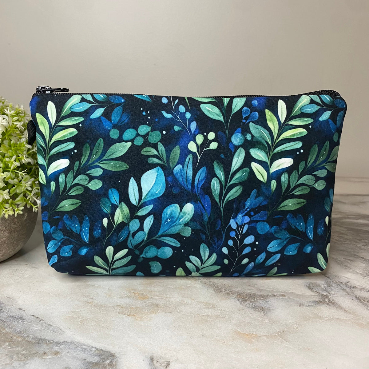 Pouch - Navy Green Leaves