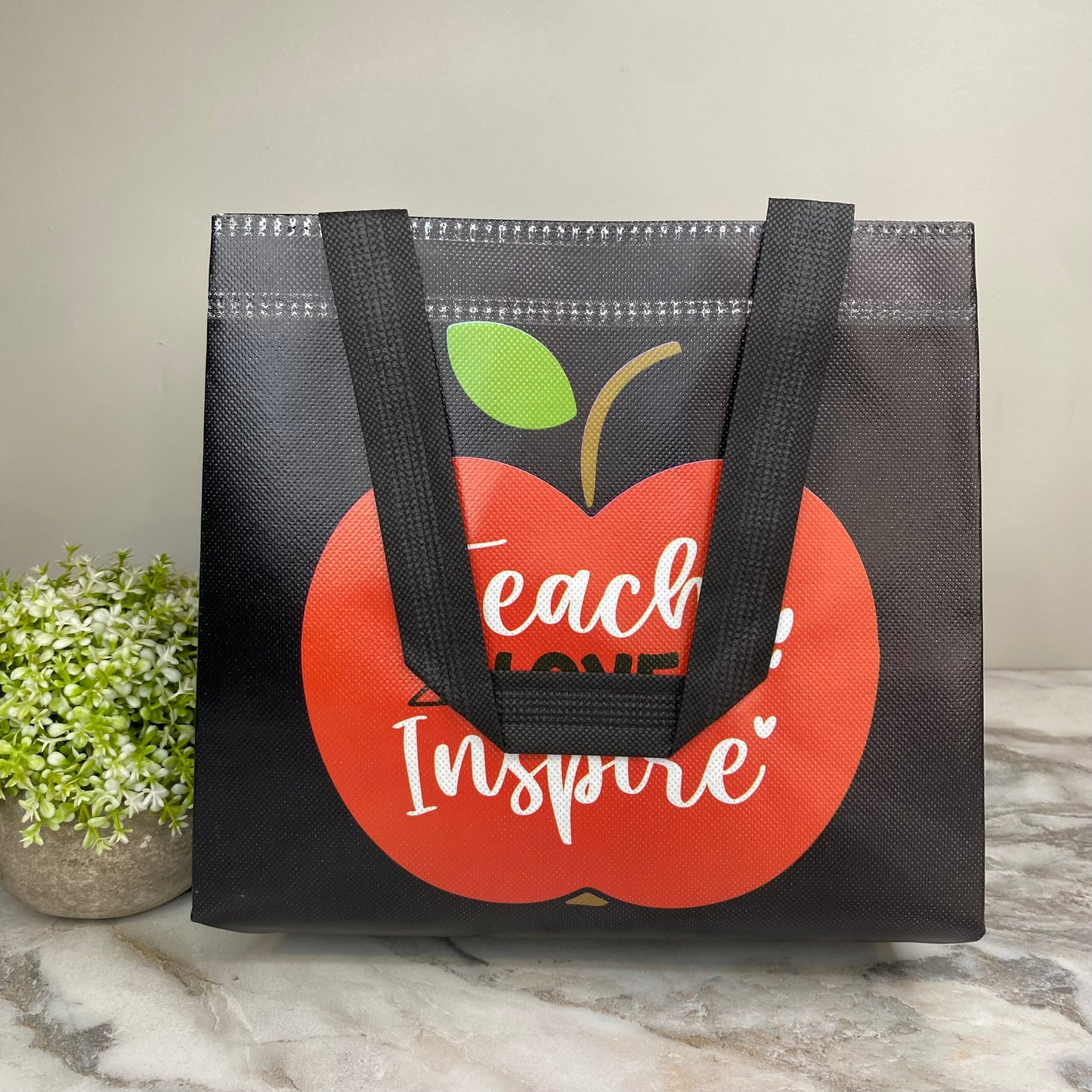 Reusable Tote Bag - Teacher - Teach Love Inspire on Black
