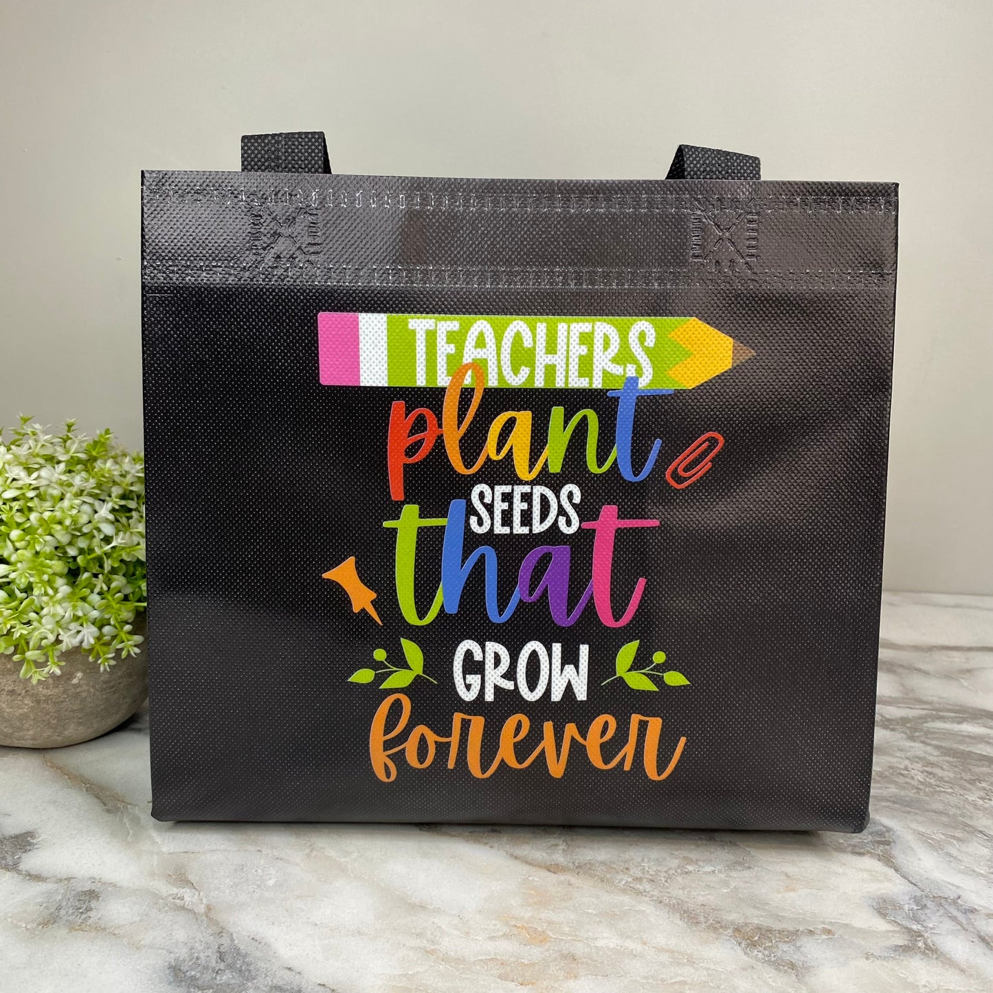 Reusable Tote Bag - Teacher - Plant Seeds on Black