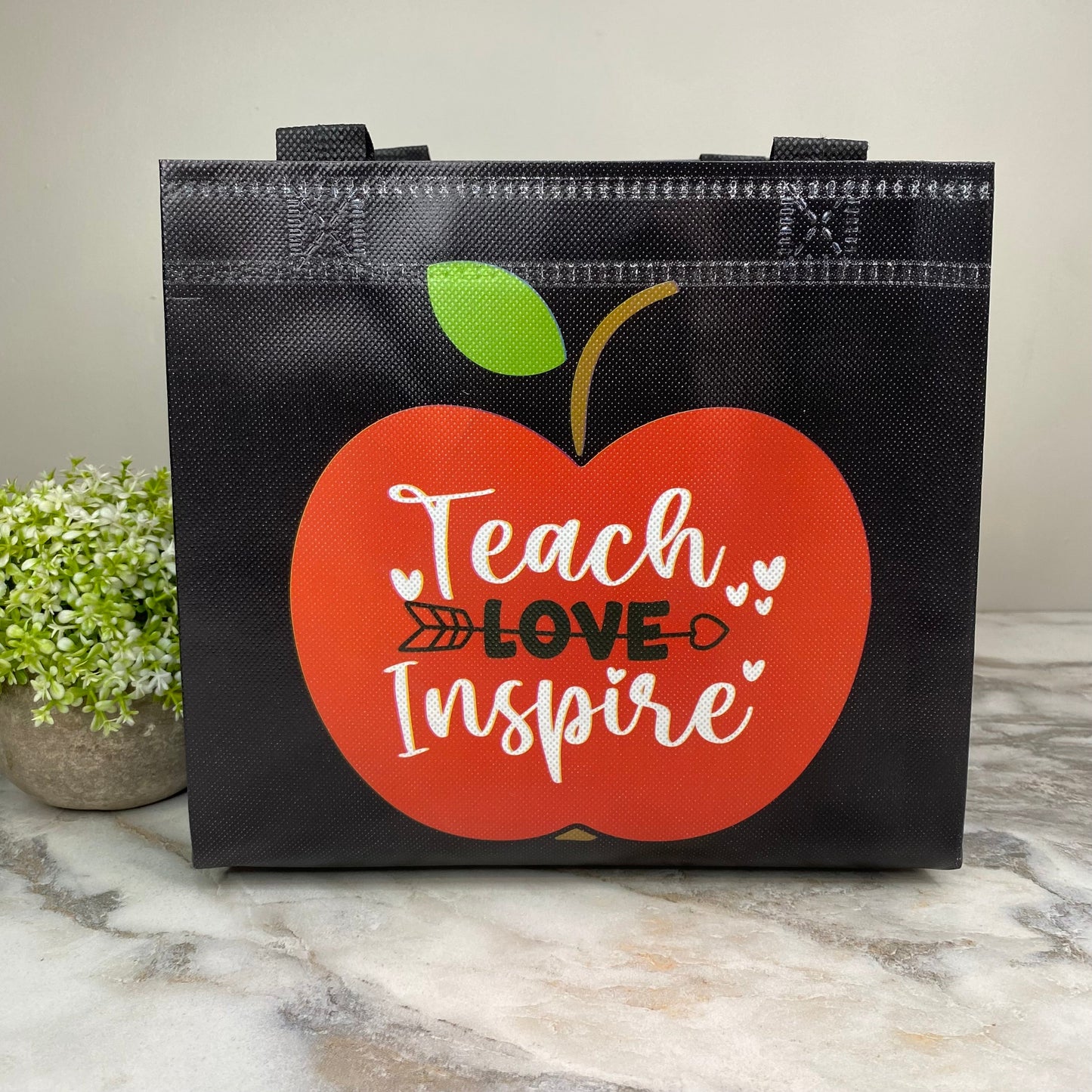 Reusable Tote Bag - Teacher - Teach Love Inspire on Black