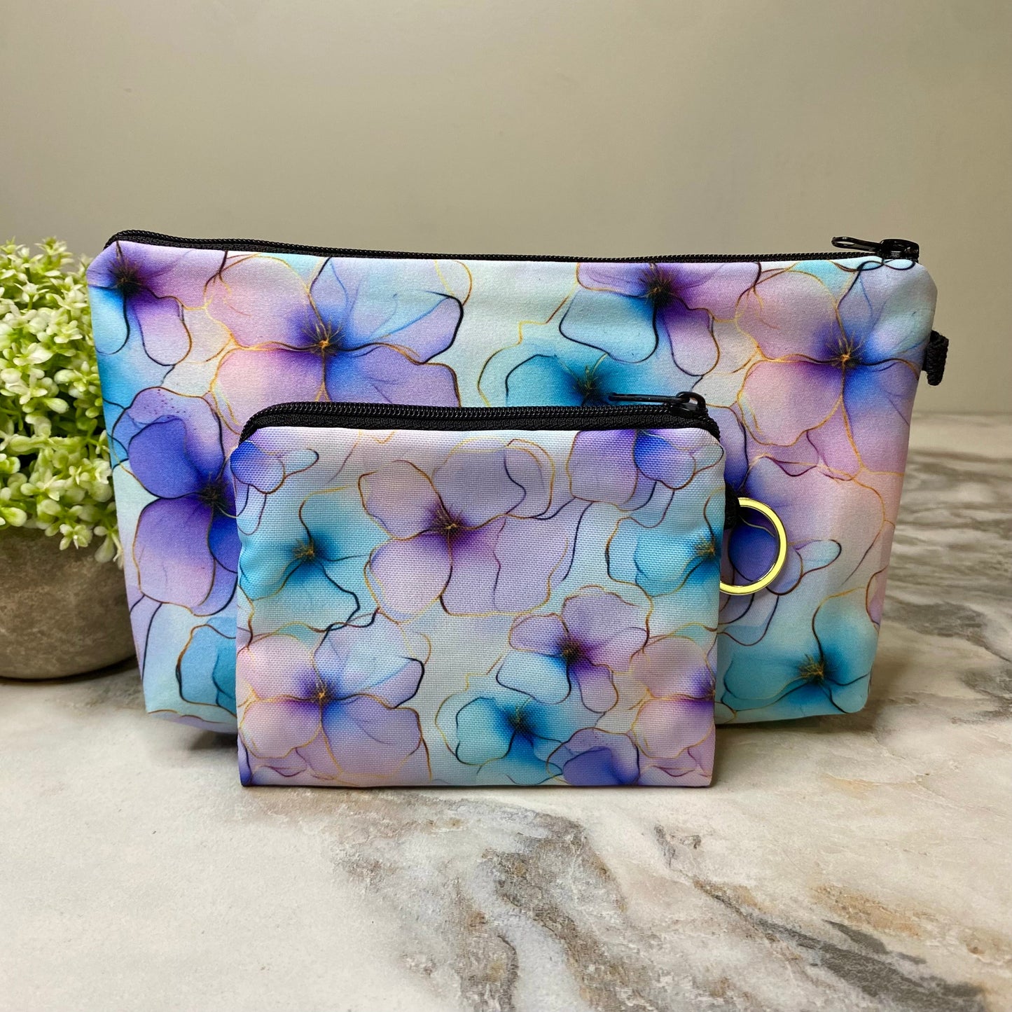 Pouch & Mini Pouch Bundled Set - Floral Watercolor Outline Purple Blue