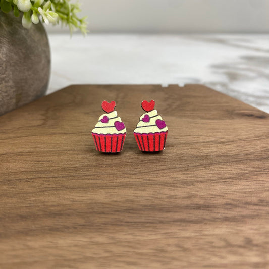 Wooden Stud Earrings - Cupcake - #6