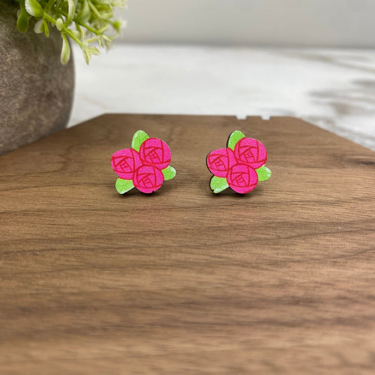 Wooden Stud Earrings - Roses - #8