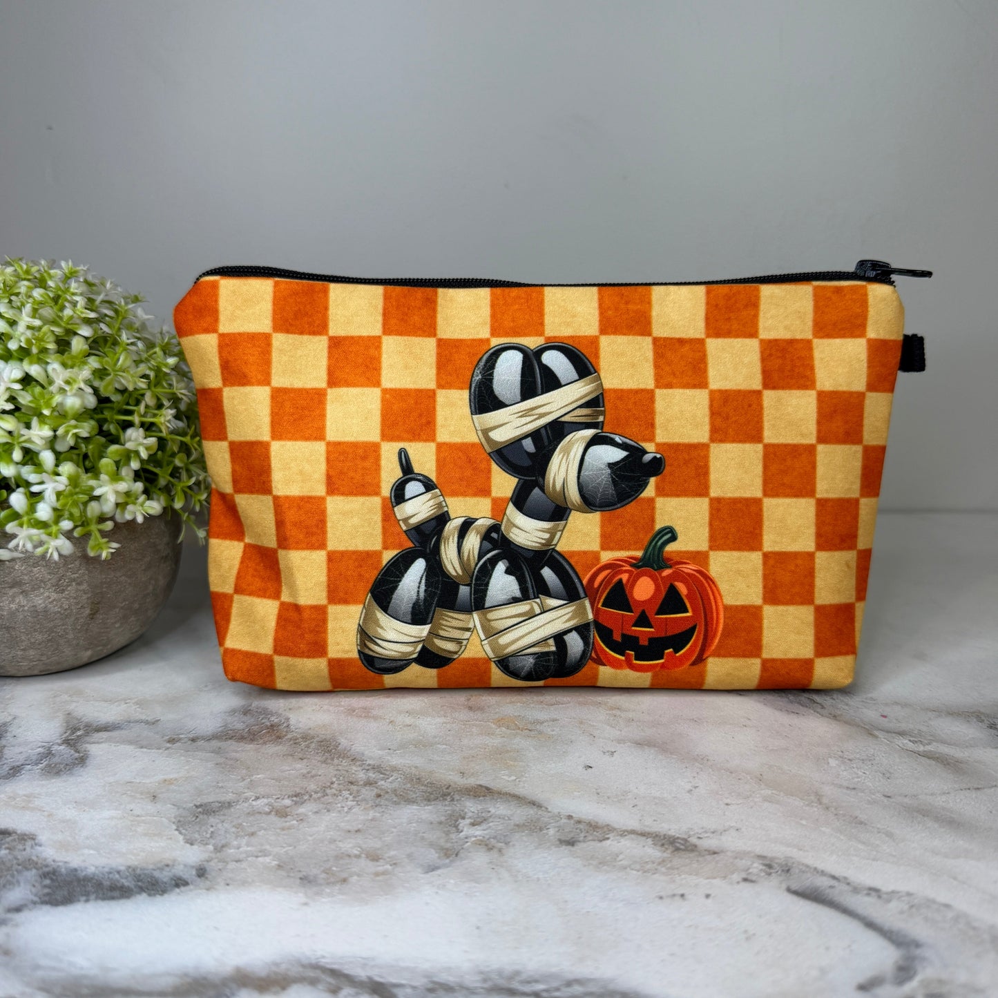 Pouch - Halloween Fall - Orange Check Mummy Balloon Dog