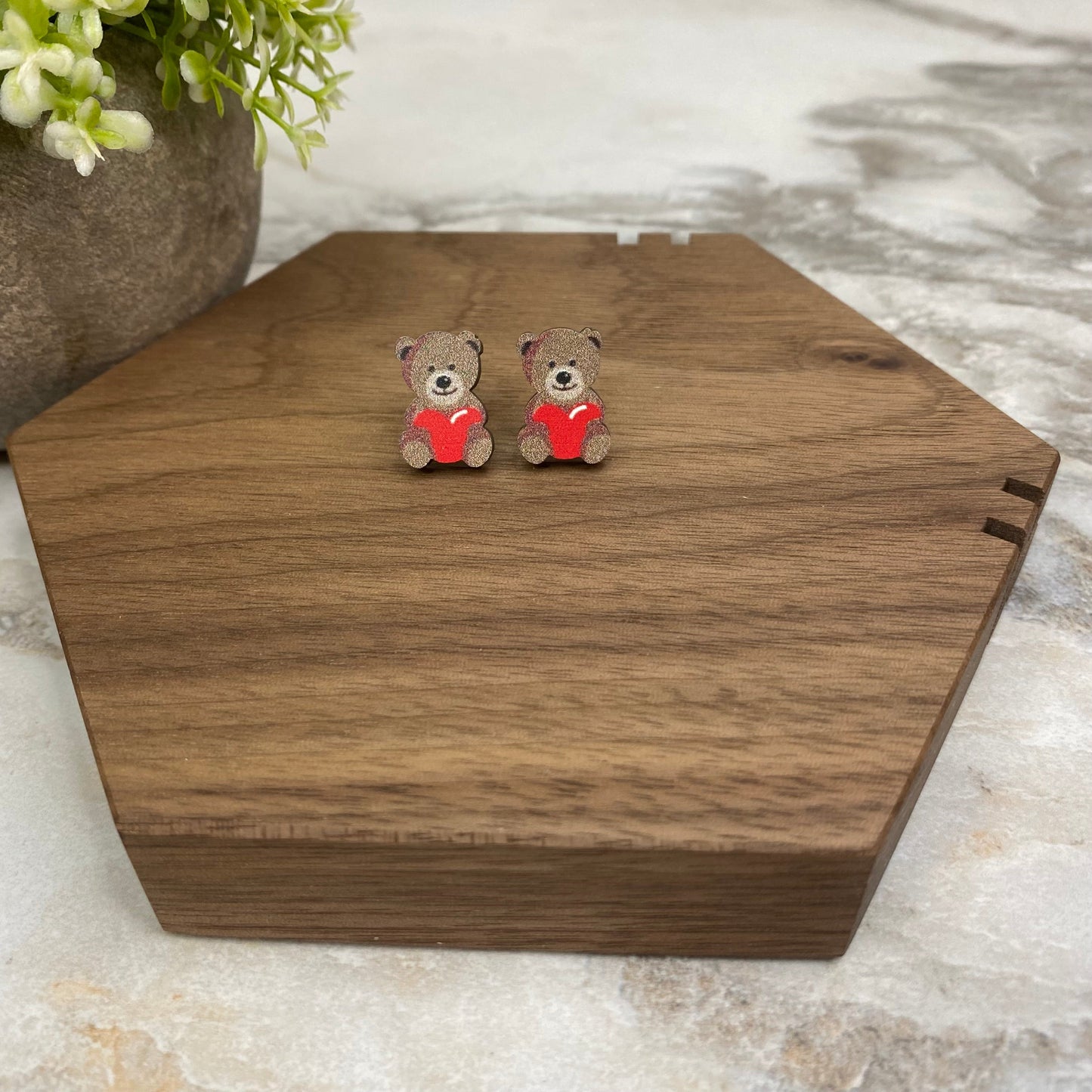 Wooden Stud Earrings - Heart Bear - #12