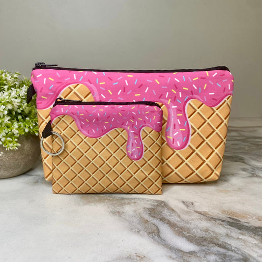 Pouch & Mini Pouch Bundled Set - Ice Cream Cone Hot Pink