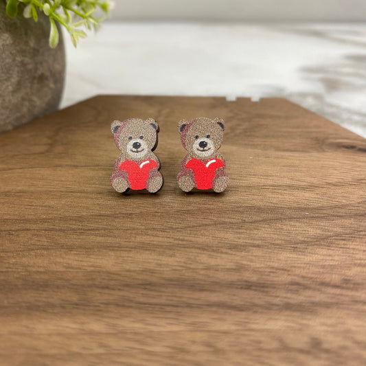 Wooden Stud Earrings - Heart Bear - #12