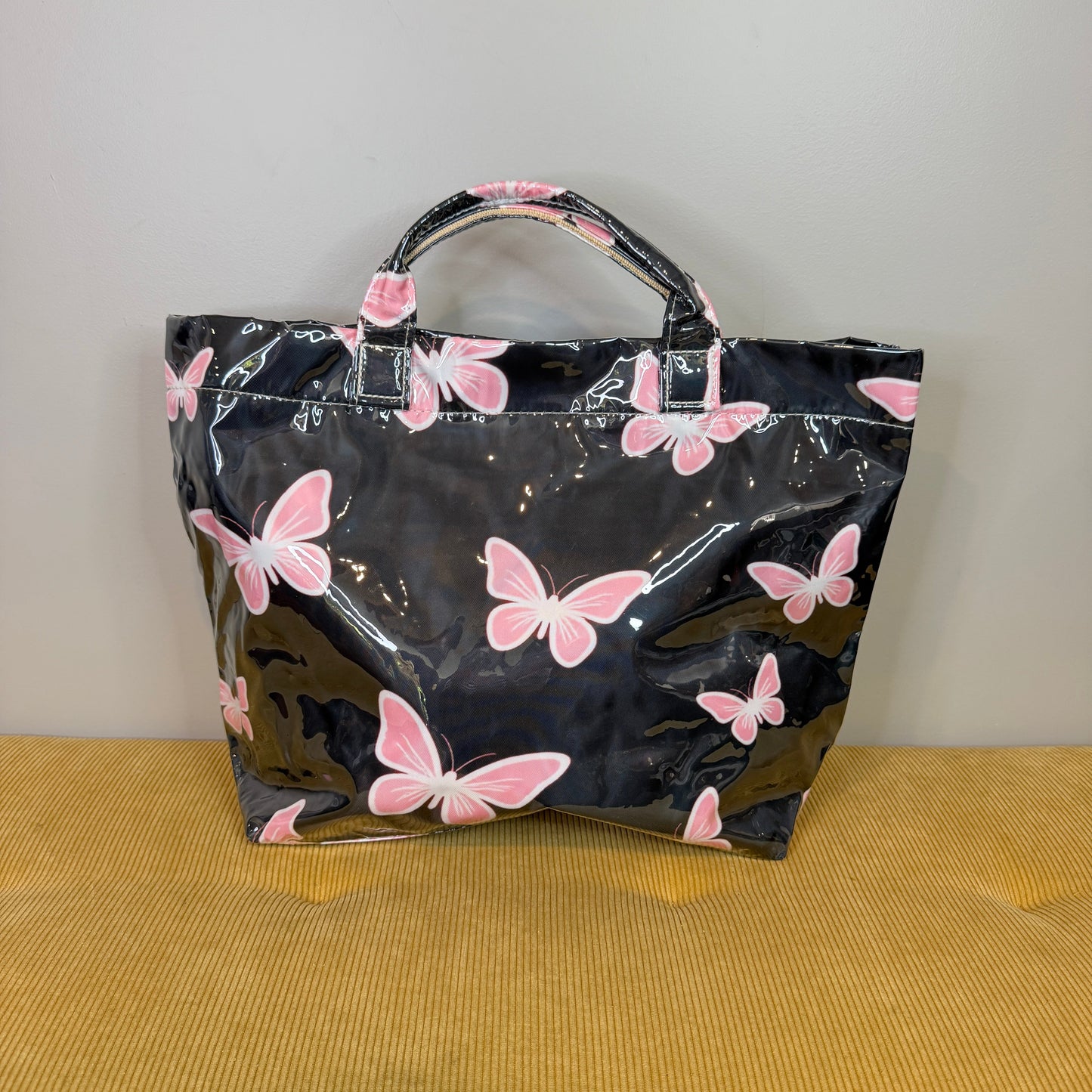 April Vinyl Tote Bag - Black + Pink Butterfly