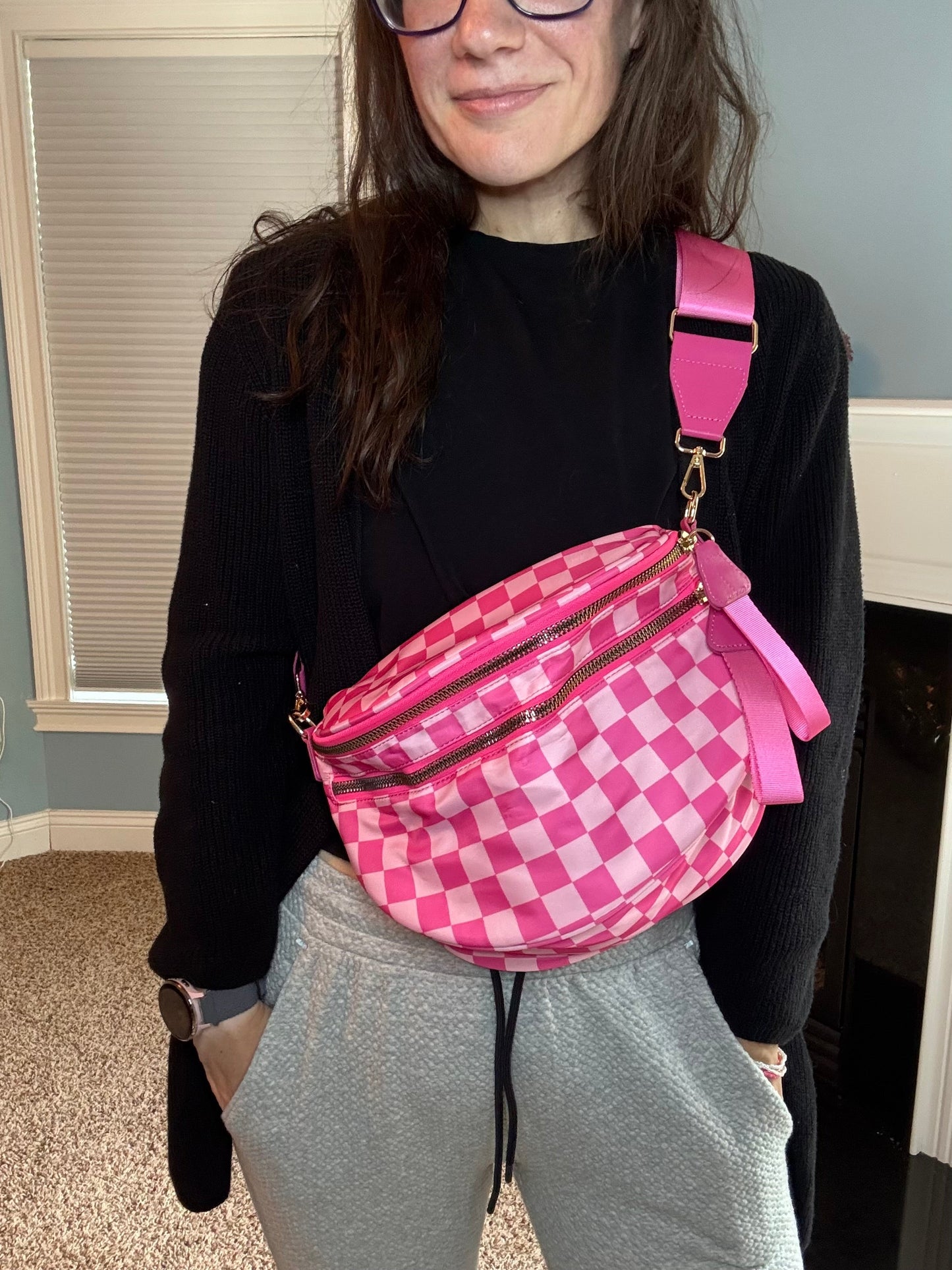 The Roni Nylon Crossbody - Checkered Hot Pink