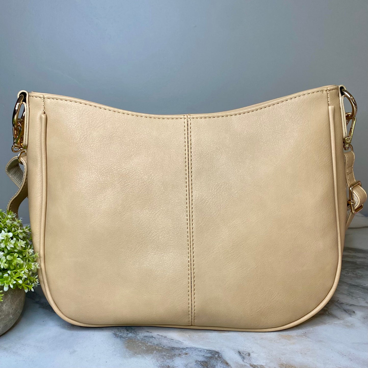 Rachael Crossbody Purse - Faux Leather Strap - Beige