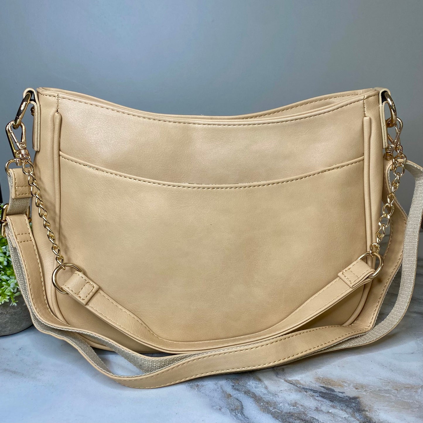 Rachael Crossbody Purse - Faux Leather Strap - Beige