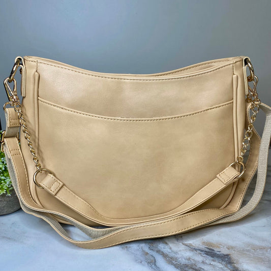 Rachael Crossbody Purse - Faux Leather Strap - Beige
