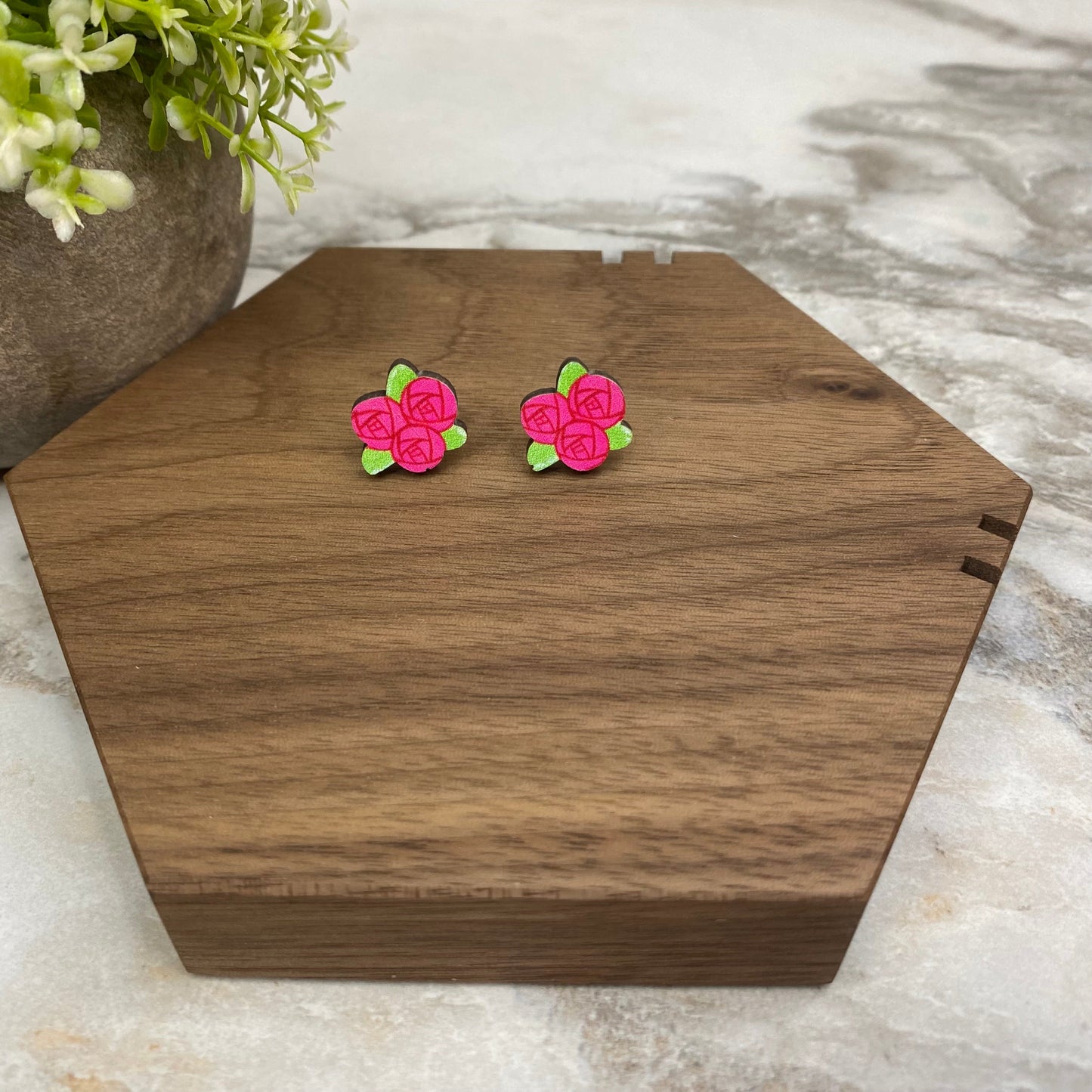 Wooden Stud Earrings - Roses - #8
