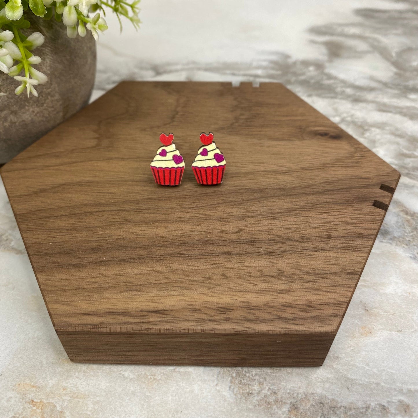 Wooden Stud Earrings - Cupcake - #6