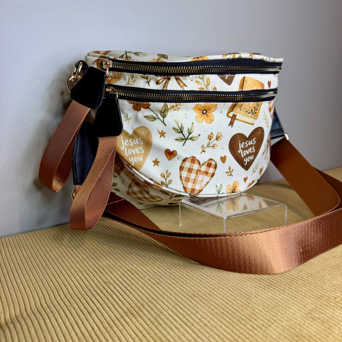 The Roni Nylon Crossbody - Religious Jesus Loves You Bronze