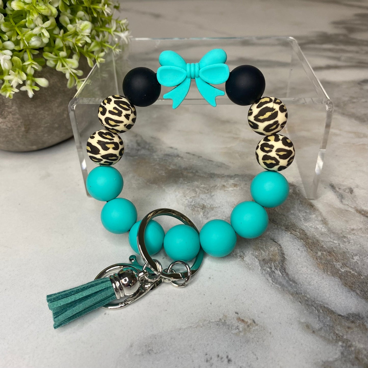 Silicone Bracelet Keychain - Teal Bow